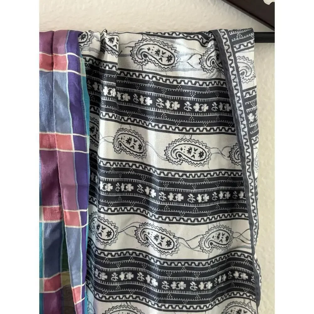 2 Silk Scarves Liz Claiborne Plaid & Paisley Gray White 58x9 & 26x11